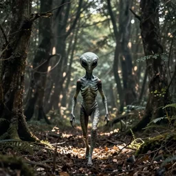 old photograph of an alien walking through an eerie forest