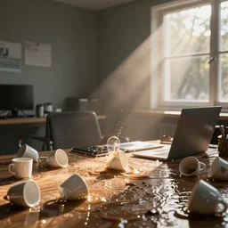 office flooded by coffee cups