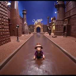 grainy security cam footage still of Augustus Gloop in the chocolate river at Wonka's Chocolate Factory, extreme wide angle, far away