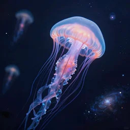 photo realistic underwater outer space jelly fish among galaxies digital art