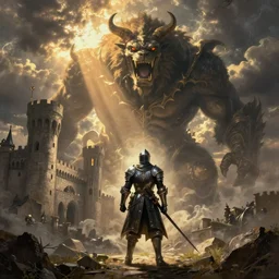 dark souls, knight, giant monster, castle, by caspar david friedrich