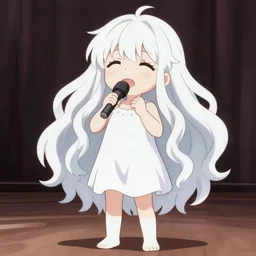 anime style, vivid, expressive, full body, 4 k, a cute girl with white skin and long wavy hair humming a song, stunning, realistic light and shadow effects, centered, simple background, studio ghibly makoto shinkai yuji yamaguchi