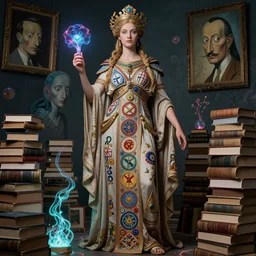 3 d goddess minerva, medium shot portrait. beautiful hyperrealistic intricate highly detailed and richly embroidered with esoteric symbols gown, surrounded by stacks of books bioluminescent, curious, plasma,, artwork by alex grey and salvador dali