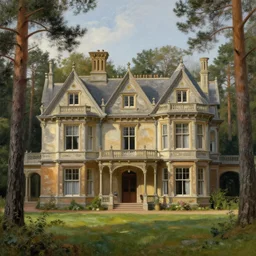 portrait of a victorian manor house in a pine forest, well lit, detailed, cinematic lighting, oil painting