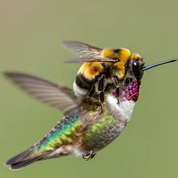 3 5 mm close up photograph of a bumblebee riding the back of a hummingbird.