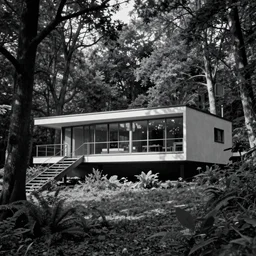 architecture ad for a mid-century modern house in the middle of the forrest, designed by Frank Gehry. Film grain, cinematic, grayscale, blue hue