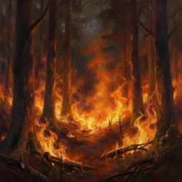 a painting of a fire in a forest, a matte painting by Jeffrey Smith, deviantart, fantasy art, apocalypse landscape, apocalypse art, airbrush art