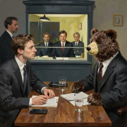 man in business costume, a bear in business costume, business negotiations process, hauntingly surreal, highly detailed painting by francis bacon, edward hopper, adrian ghenie, gerhard richter, and james jean soft light 4 k,