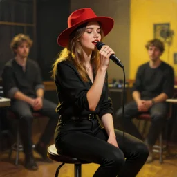 a girl wearing a red fedora hat singing in a studio, sitting on a stool, extremely detailed digital painting, in the style of alyssa monks, andrey lekarski and istvan sandorfi, predominant colors are black and yellow, rim light, beautiful lighting, 8 k, raytracing, octane, trending on artstation