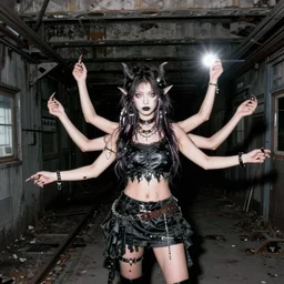 strange 4 armed daemon girl in a abandoned subway, photography with flash