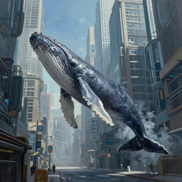a beautiful painting of a humpback whale suspended in mid air near a skycraper, narrow street, cyberpunk city, hyperrealistic, realistic, cinematic shot, volumetric light, ultra detailed, epic