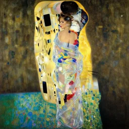 painting of jennifer lopez in flowing translucent kimono, view from behind, by klimt, background by nicolas delort and studio ghibli, surreal, dramatic lighting