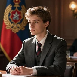 A young man in a suit sits at a table , coat of arms of USSR in background, bokeh, cinestill, fine details