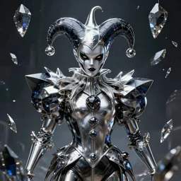 impressive ominous front!! shot photo of a court jester!! character fine portrait fine portrait mesmerizing visionary hyper cubes platinum anodized gem dark future dimensional galactic crystal shard edges elegant detailed intricate concept artstation sharp focus ray tracing cinematic masterpiece temporal corruption beeple wlop germ 8 4 k scifi glossy realistic illustration canon eos r 3 fujifilm x - t 3 0 sony alpha meeboo bohtrops