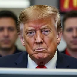 closeup portrait of donald trump behind the counter at mcdonald's. photograph, natural light, sharp, detailed face, magazine, press, photo. steve mccurry, david lazar, canon, nikon, focus