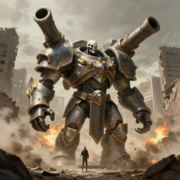 in a ruined city, an imperator titan of death with huge canon as arms, short torso, tiny head, explosions dust smoke, concept art by emmanuel shiu and ruan jia and john berkey, trending on artstation