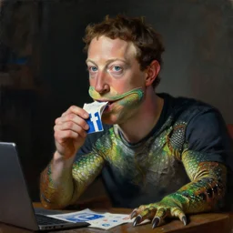 Classical oil painting of reptile Mark Zuckerberg with lizard skin eating Facebook data, beautiful, dark fantasy, by Frank Franzetta, matte painting, trending in artstation artstationHD, artstationHQ, cgsociety, detailed faces, ultra HD, 8k