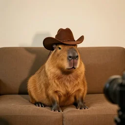 capybara with a cowboyhat on a couch, light on camera right below the eyeline, wide shot