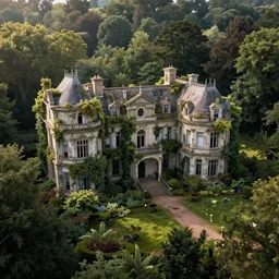 an enormous sprawling overgrown mansion abandoned in the magical woods