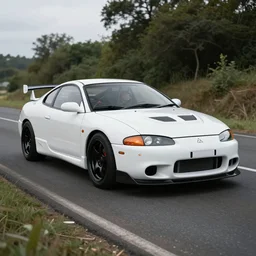 a car and driver magazine photo countryside road of a white pearl  2004 Mitsubishi eclipse heavily modified and customized as a performance tune street racing, black rims, samurai vinyl wrap, cinematic lighting, art station, volumetric light, low angle camera, redshift render, octane render, art station