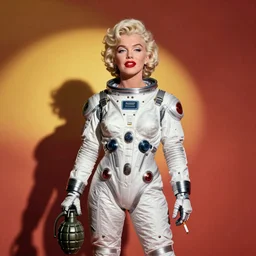 marilyn monroe in a cybernetic spacesuit, cigarette dangling, grenade in hand, by pascal blanche, by jason chan, bold colors