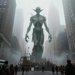 a giant lovecraftian statue being built in a foggy new york city, with people admiring around. 1 9 3 2