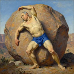 a painting of benjamin netanyahu as sisyphus, boulder, by franz stuck