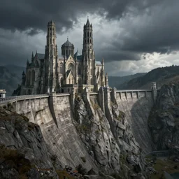 A cathedral citadel in the style of a hydroelectric dam, fantasy art, cliffside, stormy sky, artstationhq, octane render