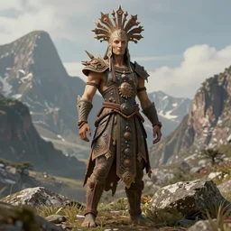 dissolution filter ,turbulence filter, fractal, costume design made by nordic tribes, sophisticated composition, old masters light composition, procedurally generated, epic human character posing for concept art, beautiful mountains behind, substance designer, PBR, HD, Ultra detailed, hyperrealistic, megascans, volumetric light, concept by master artist, made in paint tool SAI2, trending pixiv aesthetic face