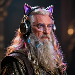 ozzie osbourne as gandalf the wizard lotr with neon hair and rimmed glasses, cat ears headphone