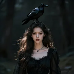 young witch ; occult magic ; black dress ; nice face ; a crow sitting on her head ; dark colors ; cinematic light