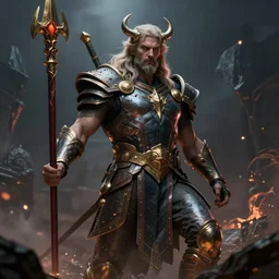 the god of thunder, by Andreas Rocha + Ted Nasmith, dark, cinematic lighting, masterpiece, highly detailed, 8k resolution, trending on art station