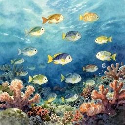 A school of fish swimming in a coral reef, watercolor, trending on artstation, by studio Ghibli
