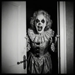 portrait of a creepy old lady screaming creeping out of a door dress as a clown, morbid, macabre, dark lighting, decay teeth, black and white gainy film, 1 6 mm film vignette, matte painting by maxim verehin