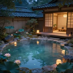 intimate ethereal empty onsen next to japanese architecture teahouse with floating lanterns and lotuses by greg rutkowski craig mullins ross tran mucha cozy zen garden bioluminescent details lumen reflections matte painting concept art clear focus fantasy specular lighting global illumination trending on artstation