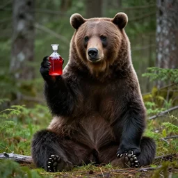 a sitting grizzly holding a glass vial of bright red liquid in a forest, contrast, high quality, by magali villeneuve and brom and artgerm and donato giancola