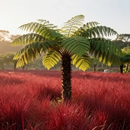 Photograph of giant doritos fern tree on red fur grass with morning light