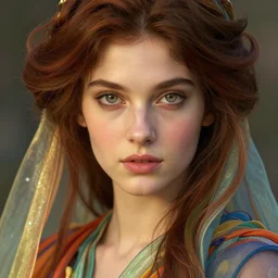 close up portrait shot of a beautiful erika eleniak wearing flowing colourful clothes, highly detailed face, detailed eyes, alphonse mucha, rhads, ross tran, artstation, artgerm, octane render, 1 6 k