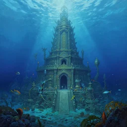 sunken underwater temple in the abyss, fish, painting, concept art, digital art, colorful, blue, detailed, by yanjun chen, by garry larrson, arstation, serene