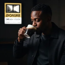 a black man drinking a coffee, ( sony a 7 r iv, symmetric balance, polarizing filter, photolab, lightroom, 4 k, dolby vision, photography award, picturesque ) low - key lighting, dramatic, single light source, high - contrast
