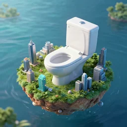 a microscopic futuristic civilization on a micro island floating on water inside a toilet, digital art, dslr, octane render