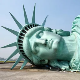 giant ,oversized ,broken off ,statue of libertys head with crown is lying sideways on the ground , only head with crown