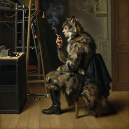 painting of a theater backstage scene, an actor on his break, wearing a wolf costume while smoking a cigarette, theatre equipment, backside of scenography elements, wooden floor boards, gloomy lighting, oil painting, northern renaissance art, oil on canvas, wet - on - wet technique, realistic, intricate textures, illusionistic detail
