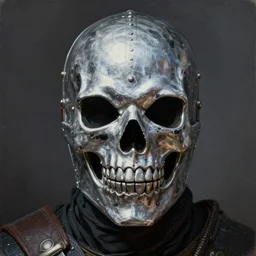 portrait painting of a mercenary wearing a smiling silver skull mask, sharp focus, award - winning, trending on artstation, masterpiece, highly detailed, intricate. art by ben templesmith and alex maleev