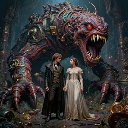 Adam and eve with a screaming worm monster, maximalist, high detail, 8k, ornate, dark fantasy, realistic, masterpiece, complex, WLOP, film still from the movie directed by Denis Villeneuve, wide angle, colorful