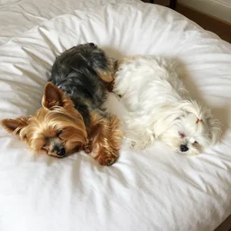 yorkshire terrier and maltese dogs sleeping on a large bed