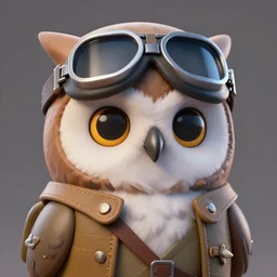 high resolution, cinematic, anthropomorphic owl character, hunter clothing, ww 2 goggles, made in 3 d, collectable statue, octane render, friendly face, sad eyes, super cute, volumetric lighting by disney and studio ghibli and pixar