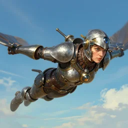 a dieselpunk valkyrie taking flight into a vibrant sky, ilya kuvshinov face, highly detailed, cel shading, digital painting, anime key visual, in the style of hayao miyazaki and alphonse mucha