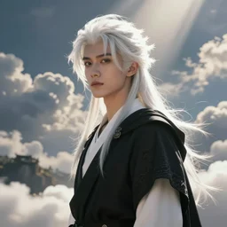 a portrait of a young handsome prince, fringy white hair, white shirt, black tunic, smooth, epic clouds, beautiful landscape, backlit, incredible lighting, strong rim light, highly detailed, god rays, digital painting, HDRI, by Heise Jinyao, Heise-Lian Yan Fang, Feimo, Richard Taddei, vivid colors, high contrast, 8k resolution, intricate, photorealistic
