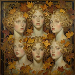 breathtaking detailed concept art painting art deco pattern of short hair curly blonde goddesses faces amalgamation autumn leaves, by hsiao - ron cheng and volegov, bizarre compositions, exquisite detail, extremely moody lighting, 8 k